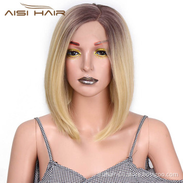 Aisi Hair Short Bob Ombre Blonde Dark Root Wig Silky Straight Front Lace Wig Cosplay Lace Front Hair Wigs For Black White Women